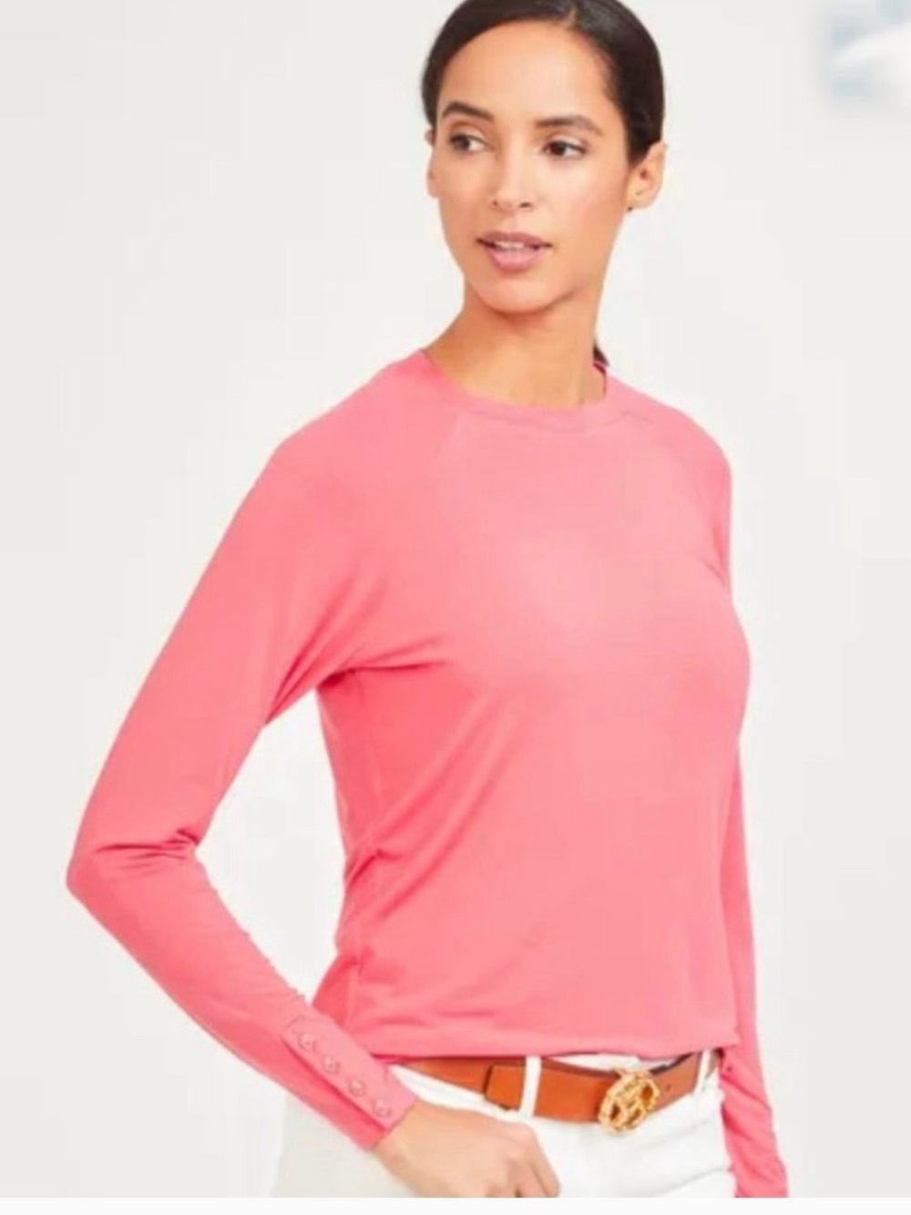 J.McLaughlin coral butter soft stretch Jana crew long sleeve shirt button cuff M